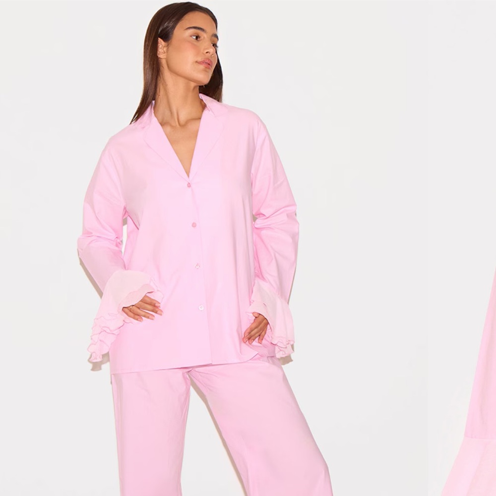 Boohoo Light Pink Ruffle Sleeve Pajama Set